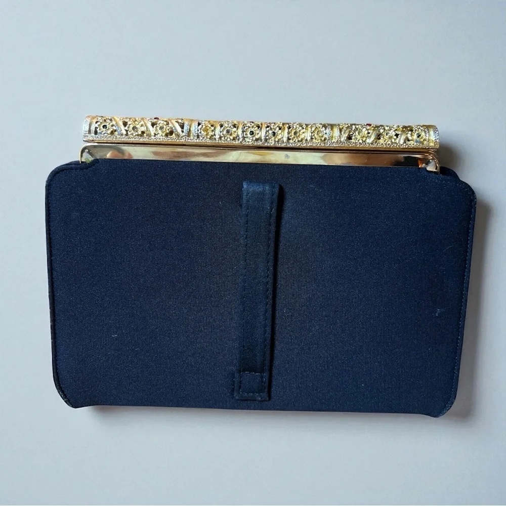 Vintage 1950s Jeweled Filigree Evening Clutch Navy Satin MCM Purse